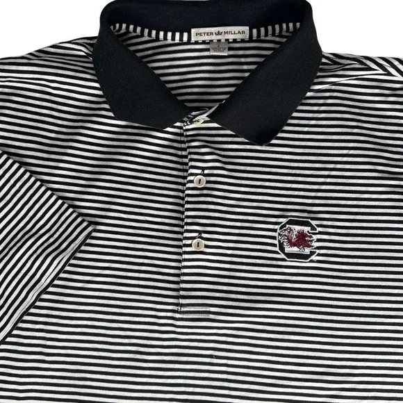 S. Carolina Gamecocks Peter Millar Striped Polo Shirt Mens L Black White Cotton - Picture 1 of 7